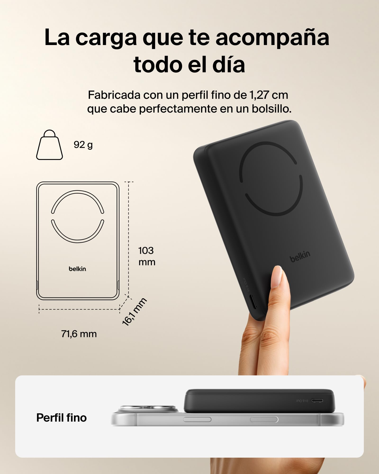 Belkin BoostCharge Batería Externa 10000 mAh con Anillo Magnético - Negro | Power Bank de 10000 mAh, Anillo Magnético para Accesorios, 2 Puertos USB-C, Precargada, Cable Incluido, Batería Portátil