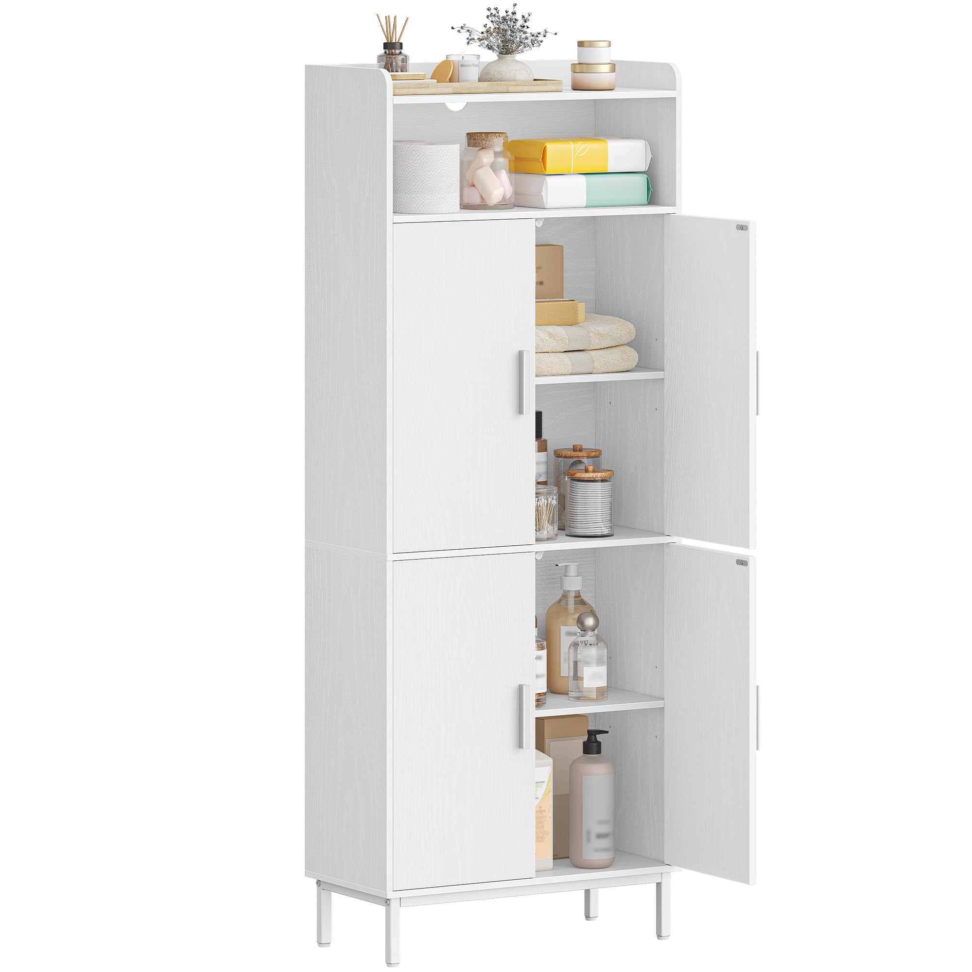 Hzuaneri Badezimmerschrank mit 4 Türen und 1 offener Bereich | Badschrank mit Verstellbare Ablage, Aufbewahrungsschrank, Badezimmer, Wohnzimmer, 30 x 60 x 160 cm, Weiß SC45713W