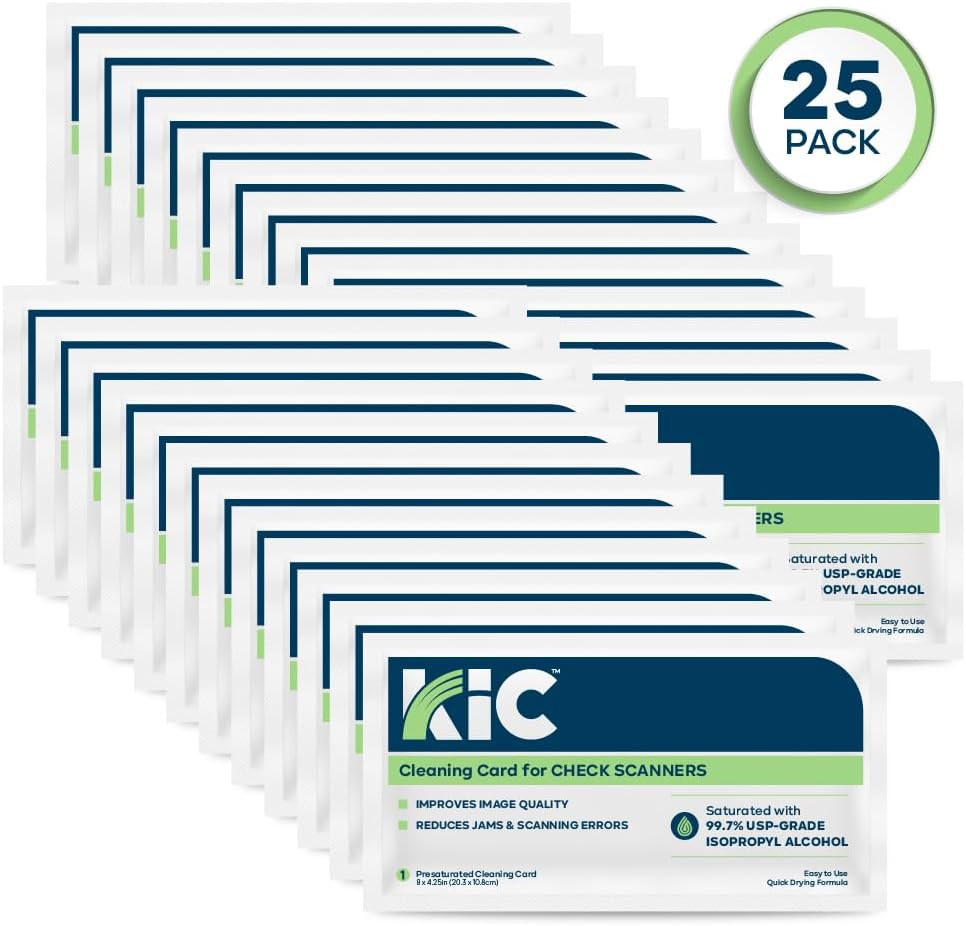 KICTeam - Cleaning Cards for Check Scanners (25 Cards) - Presaturated with Quick Drying Solution - Compatible with Most Check Scanner Machines - Made in USA