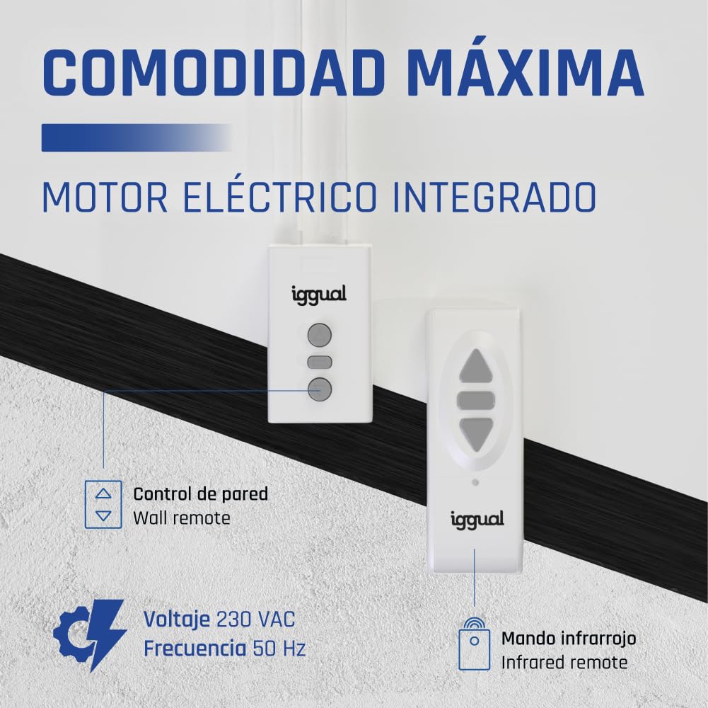 Iggual Pantalla Proyección 110" Pulgadas Eléctrica Enrollable -Panorámica 16:9 -Caída Ajustable -Mando Distancia e Interruptor Aux- Apto Pared/Techo -Compatible 4k y Cualquier Proyector (243x137 cm)
