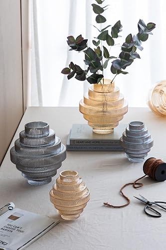 Miniatura 5 de T2 Concept - Jarrón de cristal ámbar transparente de 9 x 9 x 10 pulgadas con diseño geométrico moderno en niveles, decoración del hogar, florero