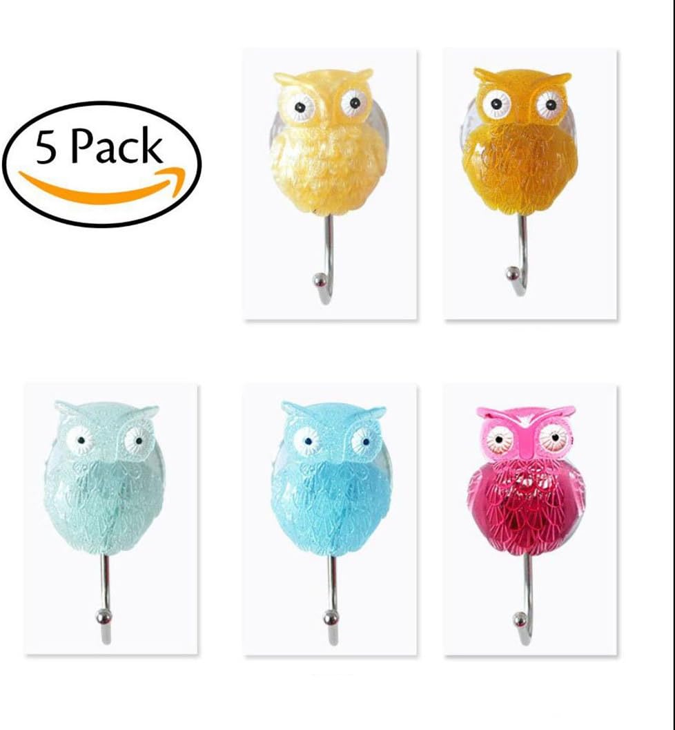 Juuly 5 Pack Suction Cup Hooks Strong Vacuum Suction Hanger Self-Adhesive Bathroom/Kitchen Hooks No Glue Cute Owl Shaped Heavy Duty Hooks Assorted Color