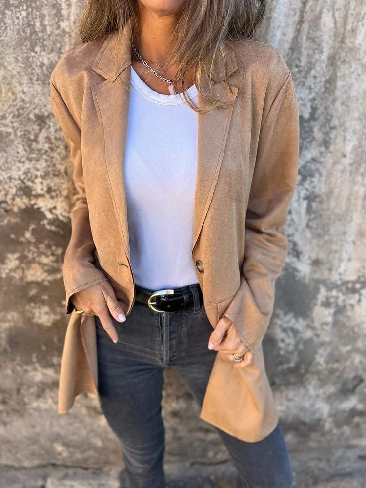 Générique Blouson aviateur décontracté en Imitation Daim à Revers pour Femme, Cardigan mi-Long à Manches Longues et 2 Boutons, Automne 2025