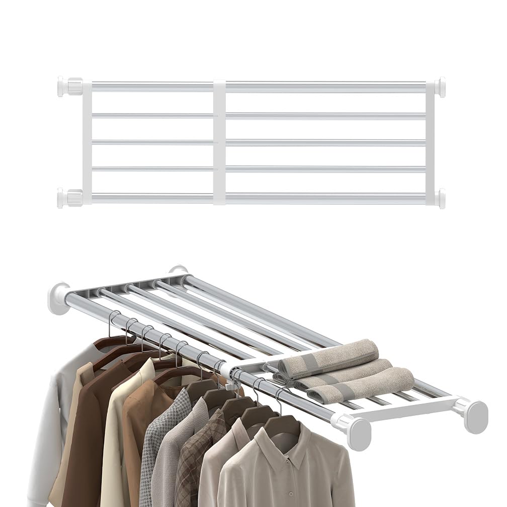 Hershii Tension Shelf Expandable Rod Closet System Heavy Duty Clothes Hanger Adjustable DIY Storage Organizer Shoe Rack