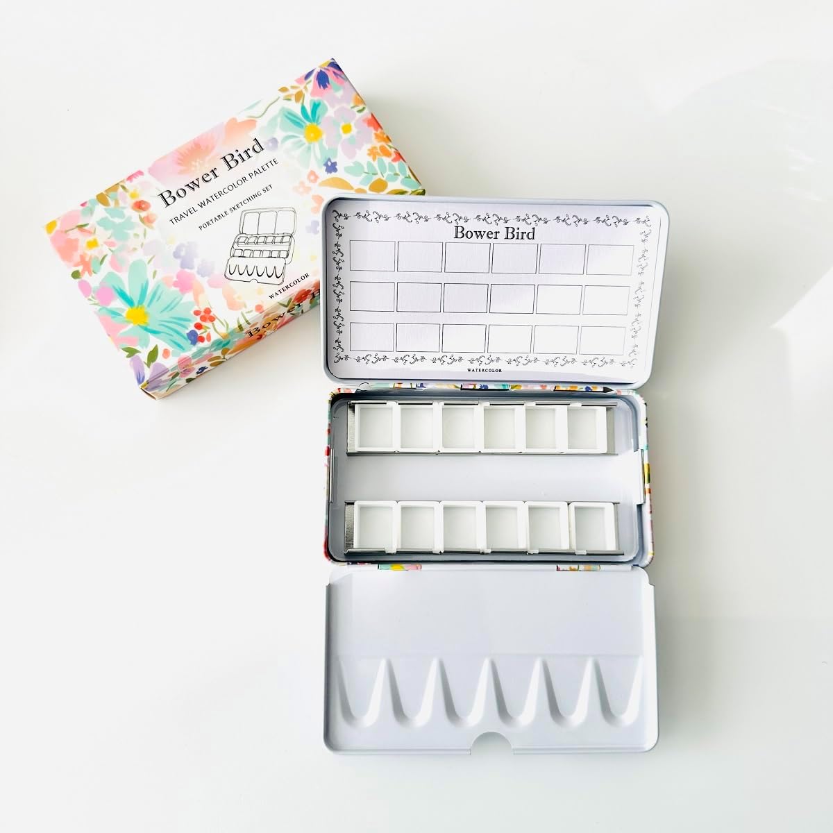 Bower Bird Empty Watercolor Palette, Metal Tin Palette for Artist Watercolors,Unique Pattern Metal Watercolor Paint Tin for Watercolors Oils and Gouache (12 Half Pans-Flower)