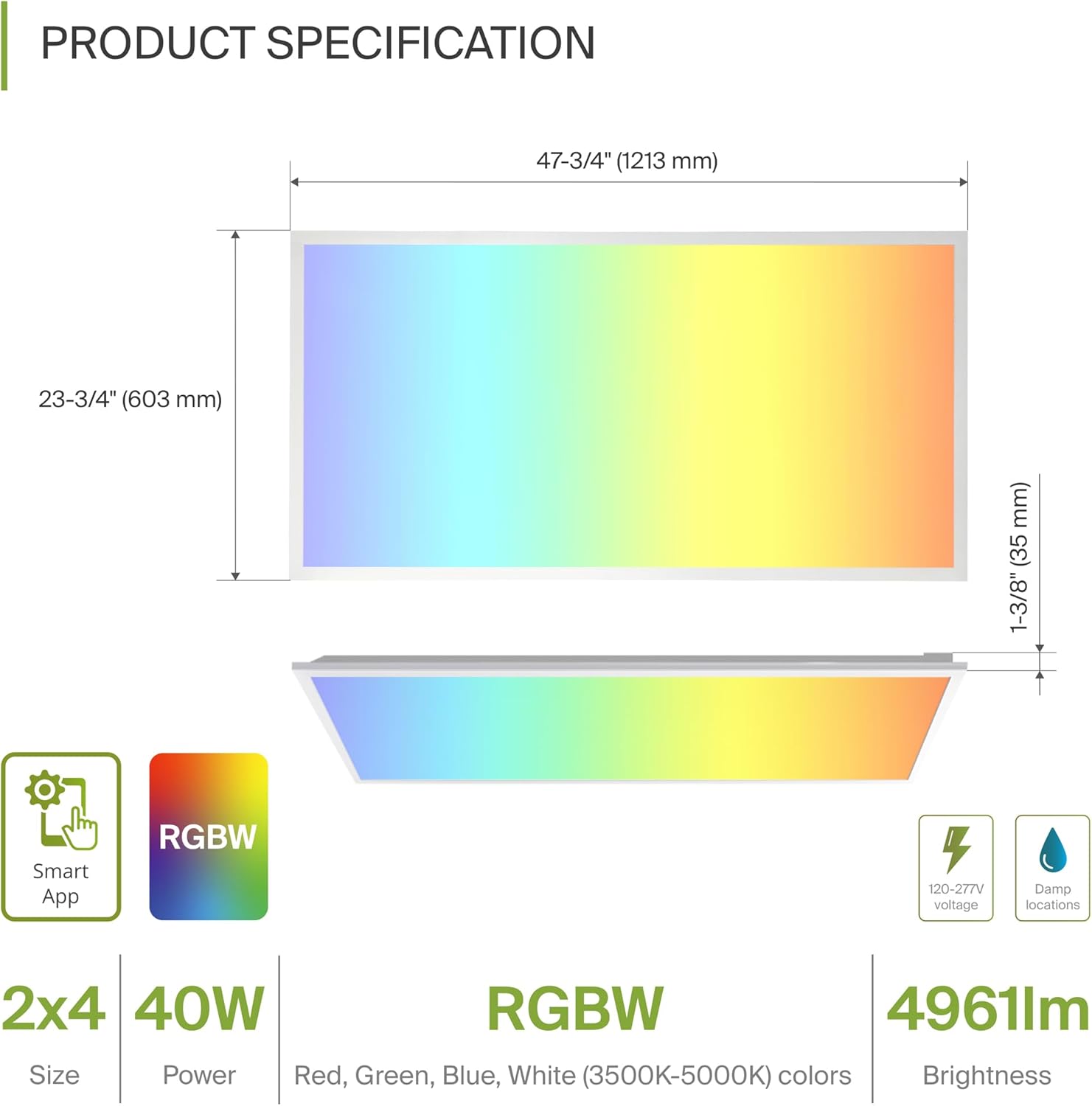Product specification diagram showing dimensions and features of the ASD 2x4 Smart RGBW LED Flat Panel Light.
