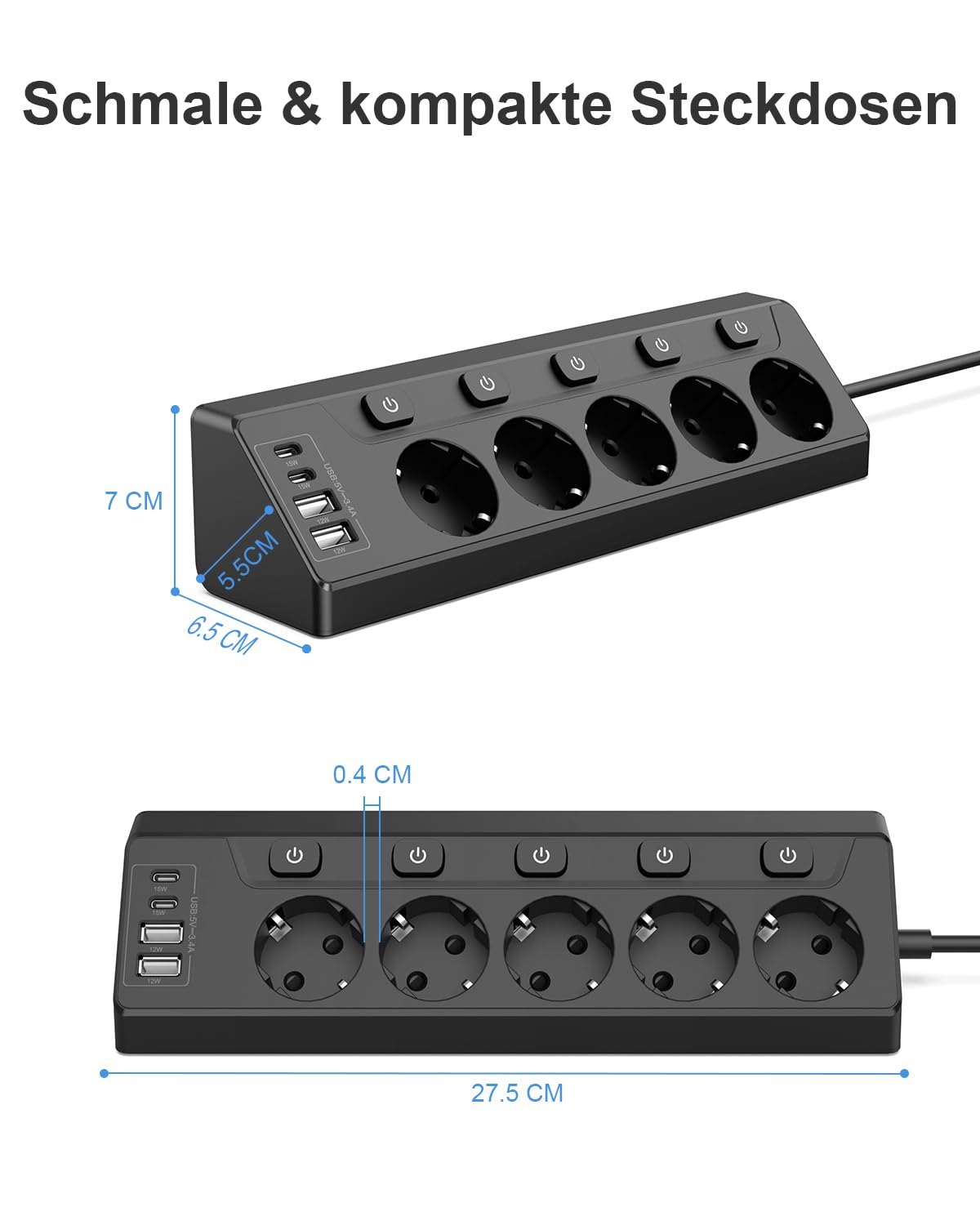 Presa Angolare con Interruttore Indipendente, Ciabatta con 4 USB (2 USB C)+5 Prese con Protezione per Bambini, 3680W, Cavo di Prolunga da 2M per Cucina, Ufficio, Casa (nero)