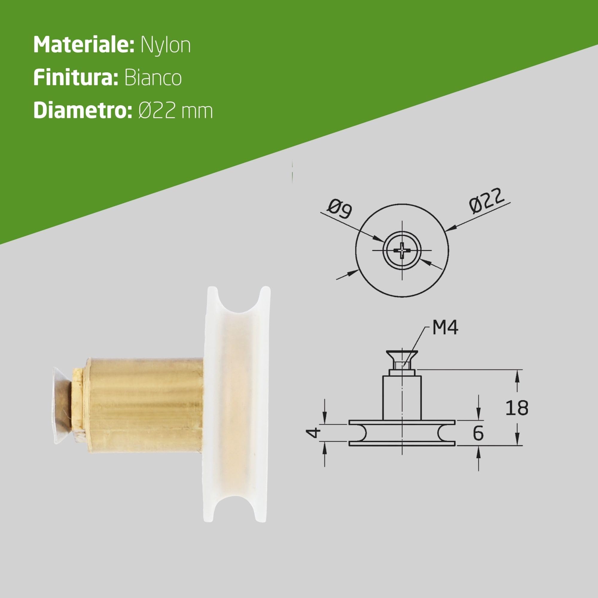 Amig - Cuscinetto Box Doccia | Set di 2 Unità | Ø 22 x 28 mm | Cuscinetto Angolare e Vite M4x8 | Per Porta Scorrevole Doccia | Nylon Bianco