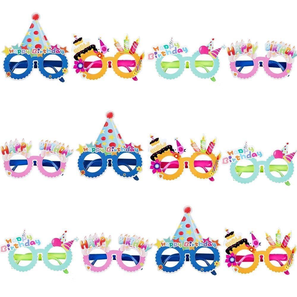 PROLOSO Birthday Party Glasses Photo Booth Props Plastic Costume Glasses Eyeglass Frames Party Supplies 12 Pack