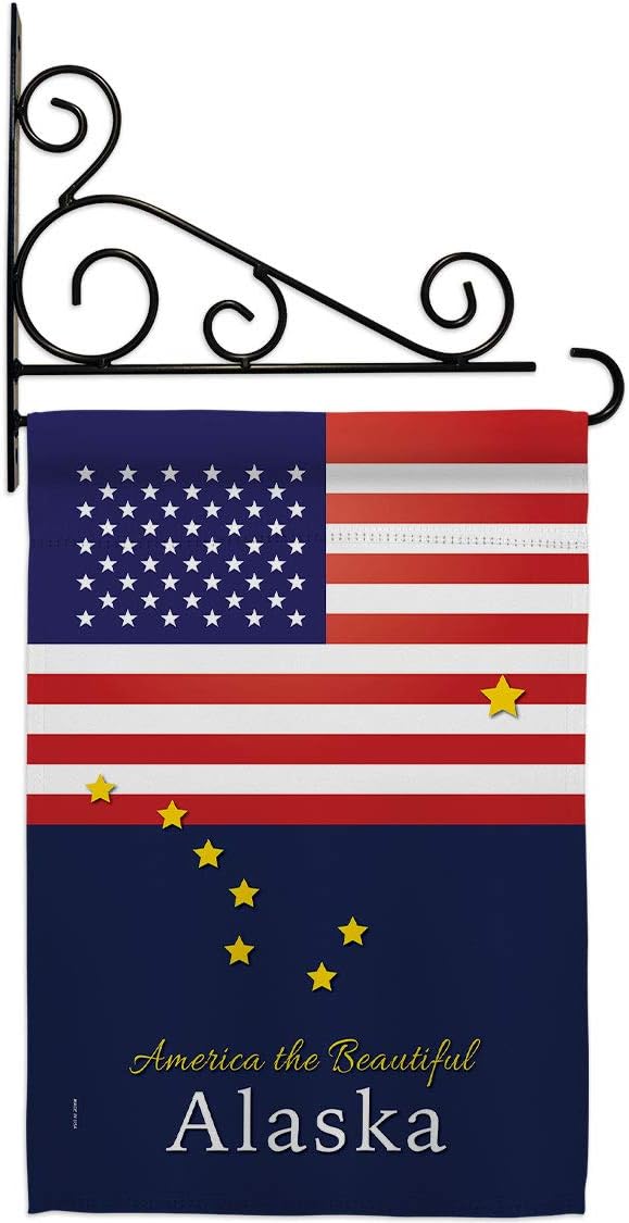 US Alaska Garden Flag Set Wall Holder Americana States USA American Territories Republic Country Particular Area Small Decorative Gift Yard House Banner Made In 13 X 18.5
