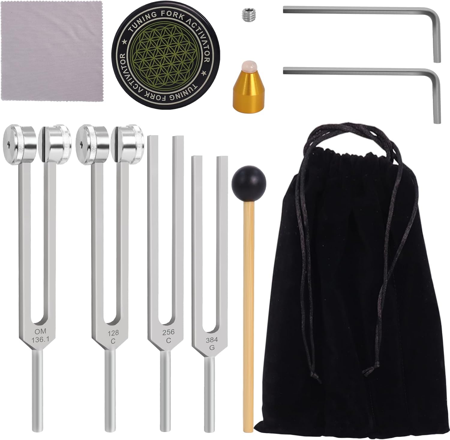Diapasones para curación 128Hz 136.1Hz 256Hz 384Hz – Diapasones con Peso y sin Peso con Martillo, Activador y Punta de Amatista para Equilibrio Sonoro, Meditación y Relajación