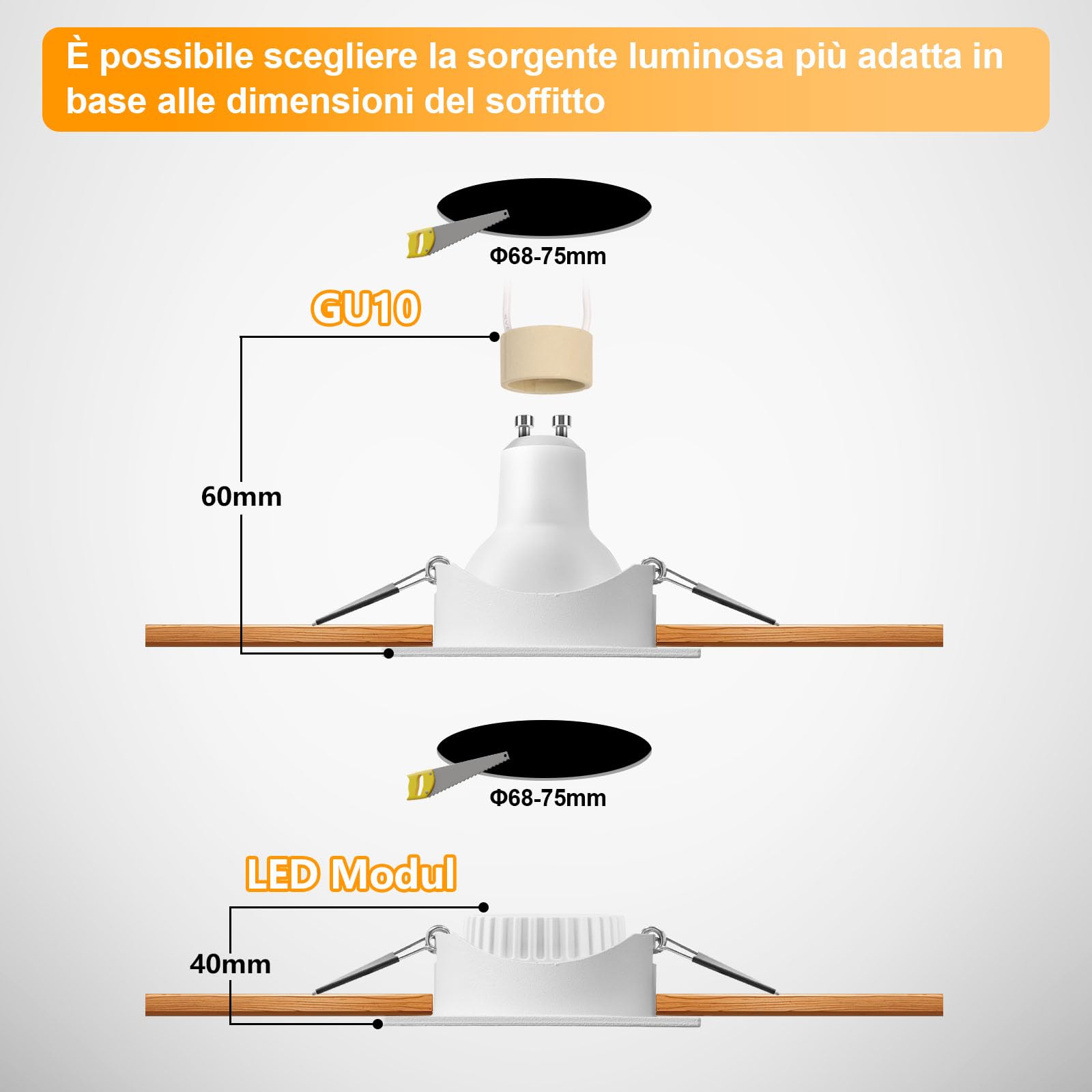 KYOTECH Cornice Faretto Incasso GU10 Orientabile Portafaretto da Incasso Bianco,Per GU10, alogeno e MR16, Faretti led da incasso per cartongesso incl. portalampada,Set da 6 (Quadrata)