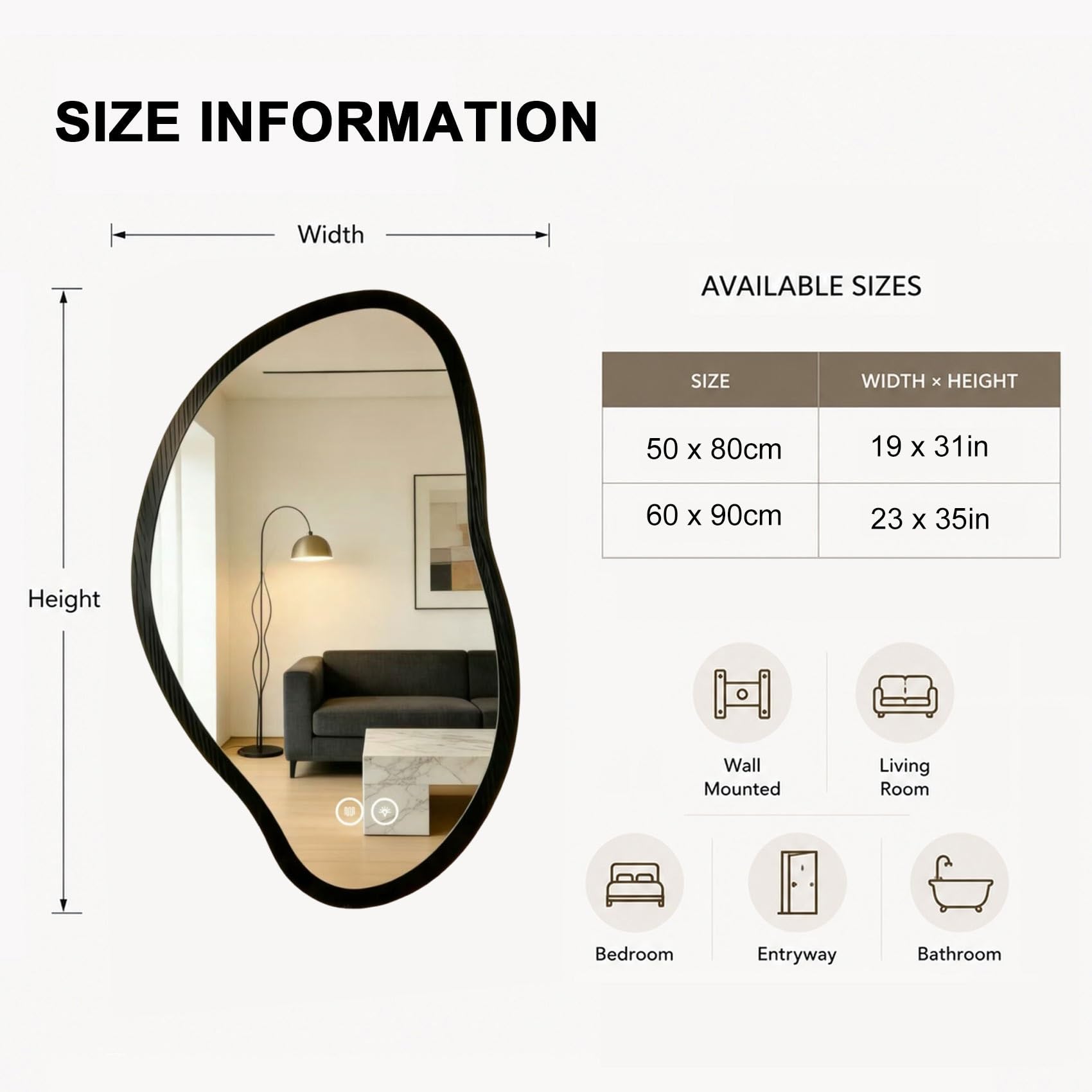 Miroir de Salle de Bain LED Irrégulier Miroir Mural Moderne en Bois