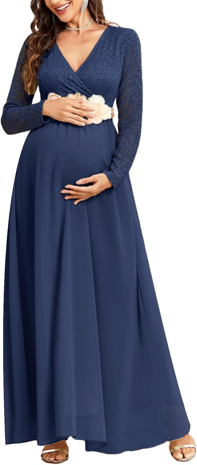 CYCLAMEN Maternity Dress Flowy A-Line Wrap Gown with Floral Lace and Contrast Chiffon Long Sleeve V Neck for Baby Shower