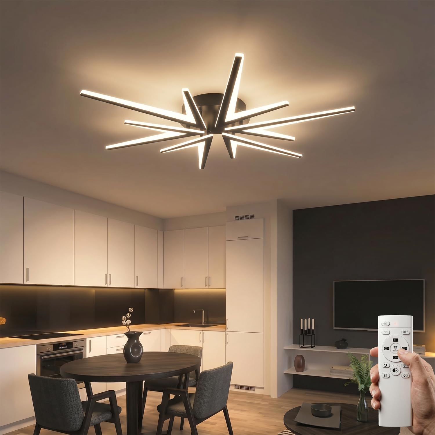 Lanmorn LED Ceiling Light with Remote Control Dimmable, 92cm Chandelier Ceiling Lights, Modern Ceiling Lighting Fixture, 72w LED 6800lm, for Bedroom, Living Room, Hall, Lounge, Black