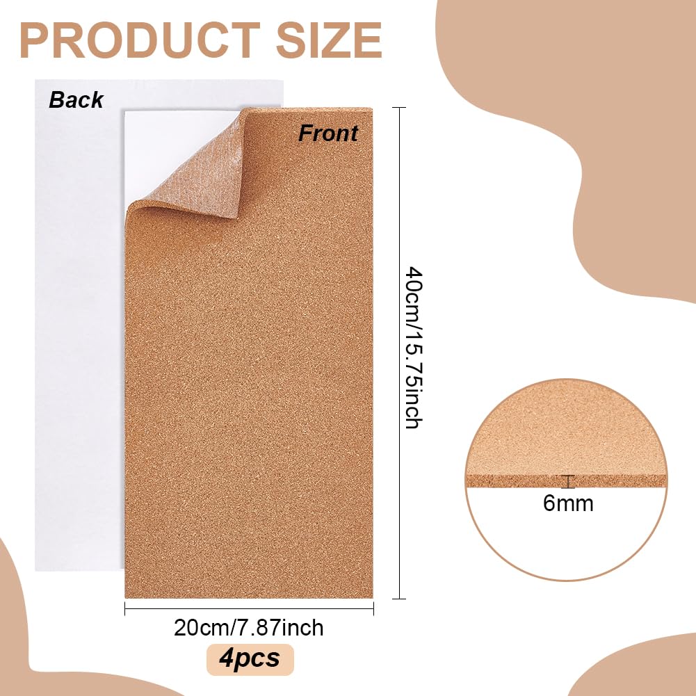 BENECREAT 4 PC Fogli per Bollettini Piastrelle In Sughero Autoadesiva 20x40x0.6 cm, Lavagna Sughero Sottobicchiere Rettangolare Decorazione Murale