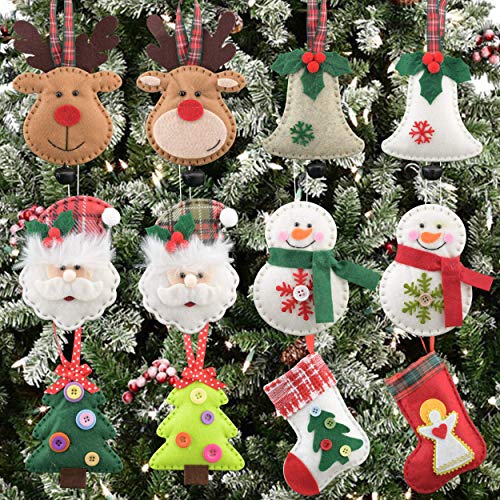 Christmas Tree Ornaments, Pack of 12 Christmas Santa Clause Snowman Stocking Tree Reindeer Bell Design Plush Felt Ornaments Hanging Decorations for Xmas Holiday Home Party Decor, Approx. 5 Inches Each