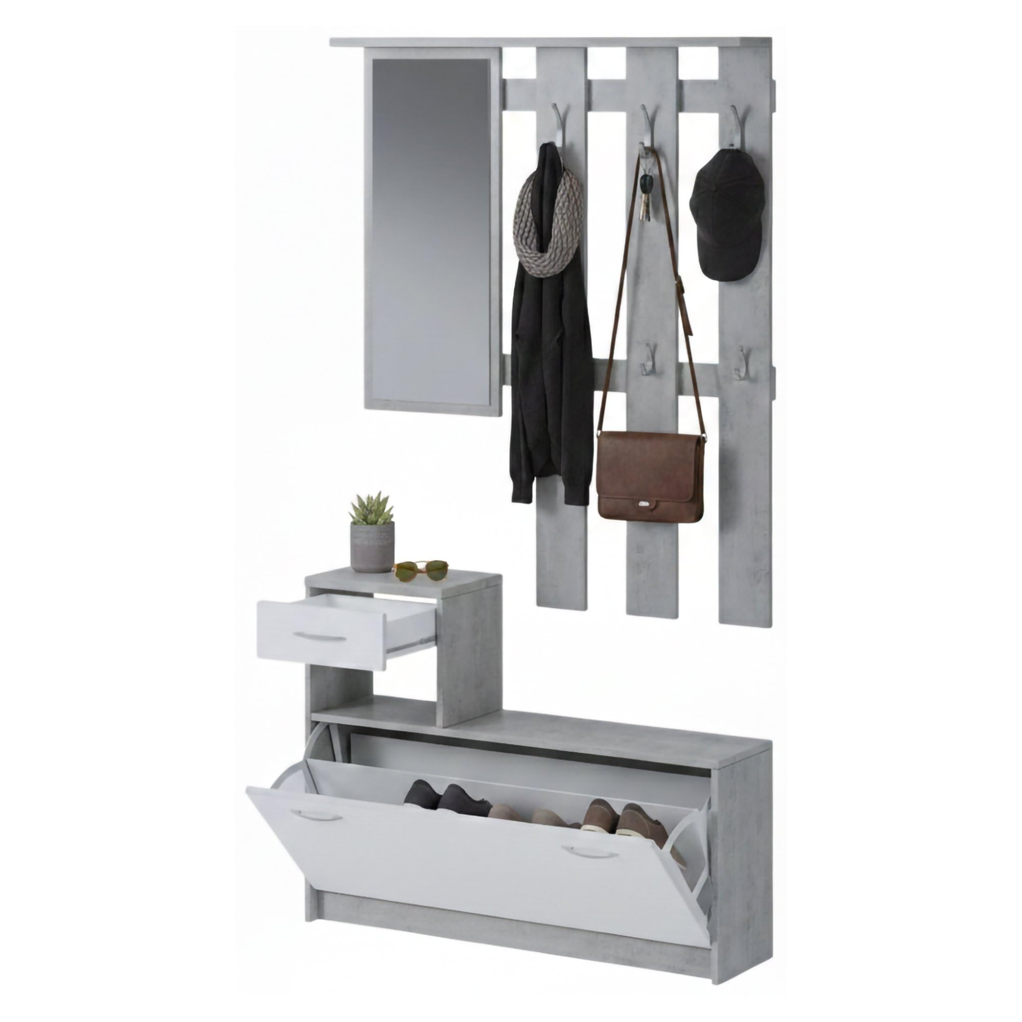 Dmora - Mobile da ingresso con specchiera, entratina per atrio con scarpiera, Svuotatasche per piccoli appartamenti, cm 100x25h180, colore Bianco e Cemento