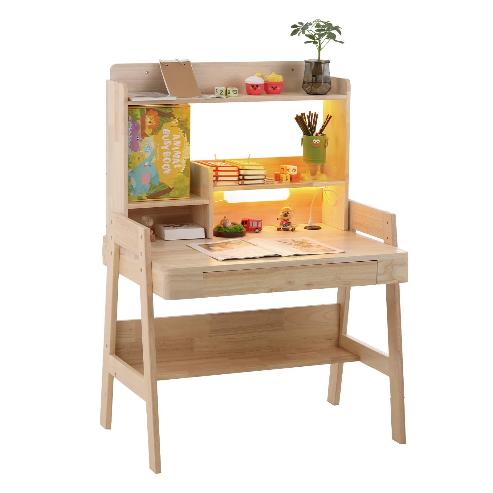 Kindertisch, Höhenverstellbarer Kinderschreibtisch aus Massivholz, Naturfarben, mit LED-Lichtleiste, USB-Anschluss, Schublade & Stauraum, kindgerecht, für Kinder ab 6 Jahren (84x60x127.5cm)
