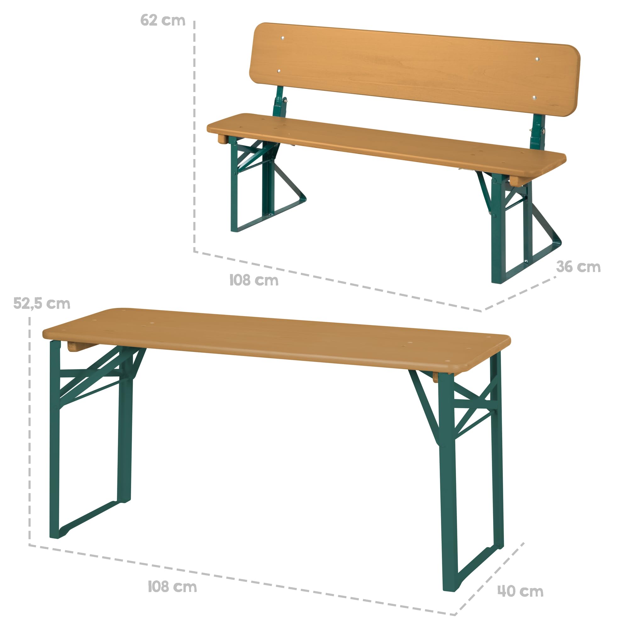 roba Outdoor Party-Garnitur für Kinder - Kindersitzgruppe mit Lehne aus FSC zertifiziertem Holz - 2 Bänke + 1 Tisch - Klappbare Sitzmöbel ab 24 Monaten - Natur/Grün