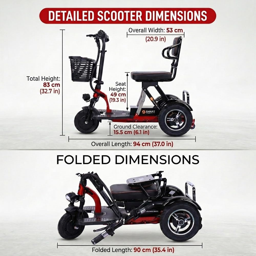 Scooter Minusvalidos para Personas Mayores, Scooter Eléctrico De 3 Ruedas con Batería Extraíble,Scooter De Movilidad para Ancianos Y Personas con Discapacidad, Capacidad De Carga: 120 Kg Red