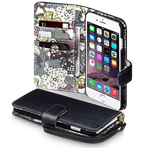 iPhone 6S Plus Case, Terrapin [Black] [Lily Floral Interior] Textured PU Leather Wallet Case with Card Slots Cash Compartment and Detachable Wrist Strap for iPhone 6 Plus / 6S Plus - Black