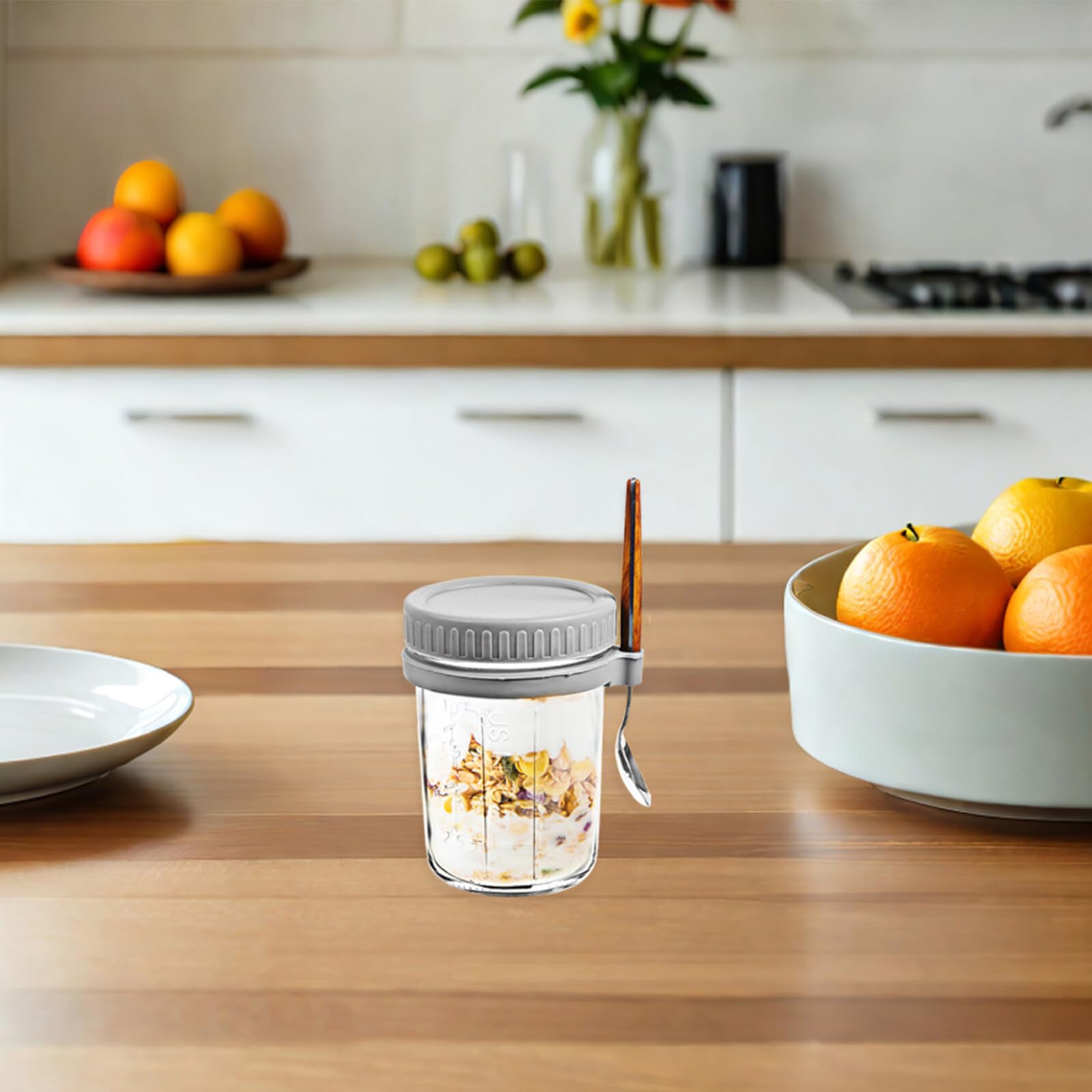 4 Pezzi Barattoli Colazione in Vetro con Coperchi Ermetici e Cucchiai Contenitori Airtight per Yogurt Avena e Cereali da Viaggio Vasetti Riutilizzabili per Porridge e Frutta
