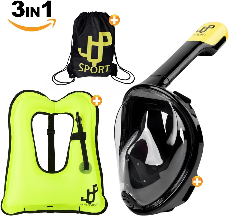JQP Sports Full Face Snorkel Mask and Snorkel Vest & Durable Carry Bag | 180ยฐ View, Anti-Fog & Anti-Leak Diving Mask |L/XL...