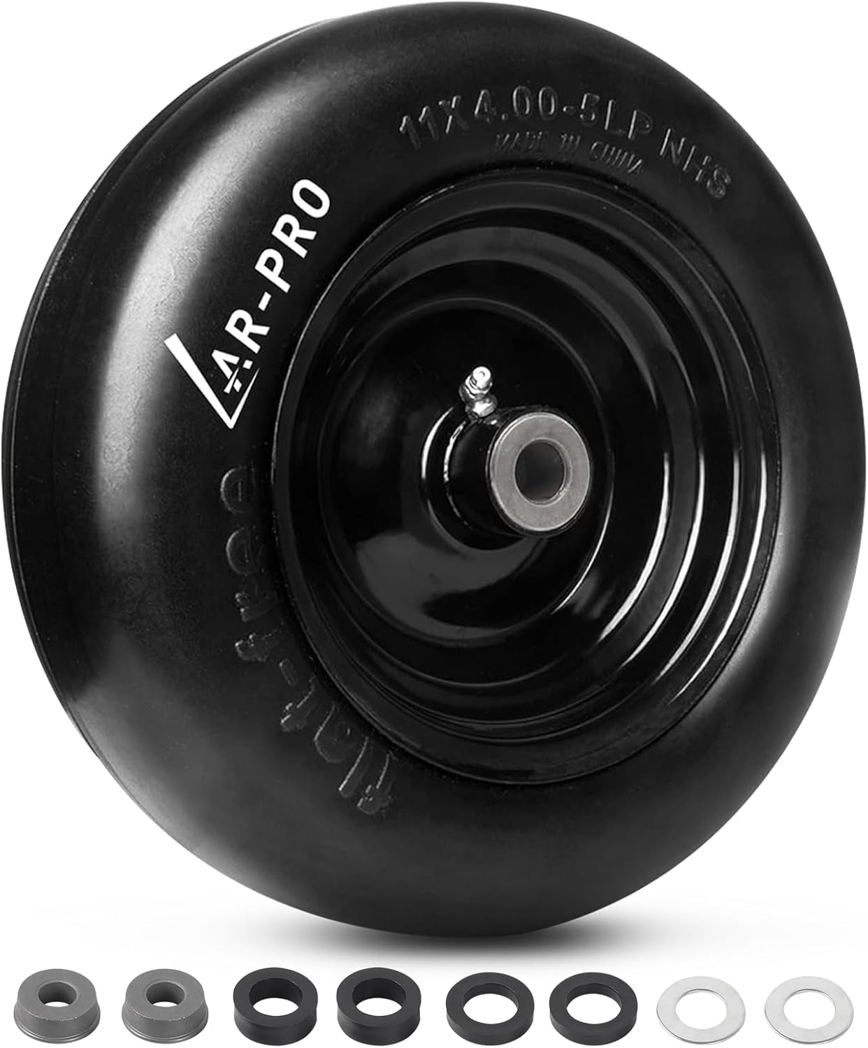 AR-PRO 11x4.00-5 Flat Free Front Tire and Wheel for Riding Lawn Mowers, Zero Turn Mowers, Turf-Friendly Solid Smooth Tread Tire with 3.4" Centered Hub, 3/4" Bushings extra 5/8" (1-Pack)