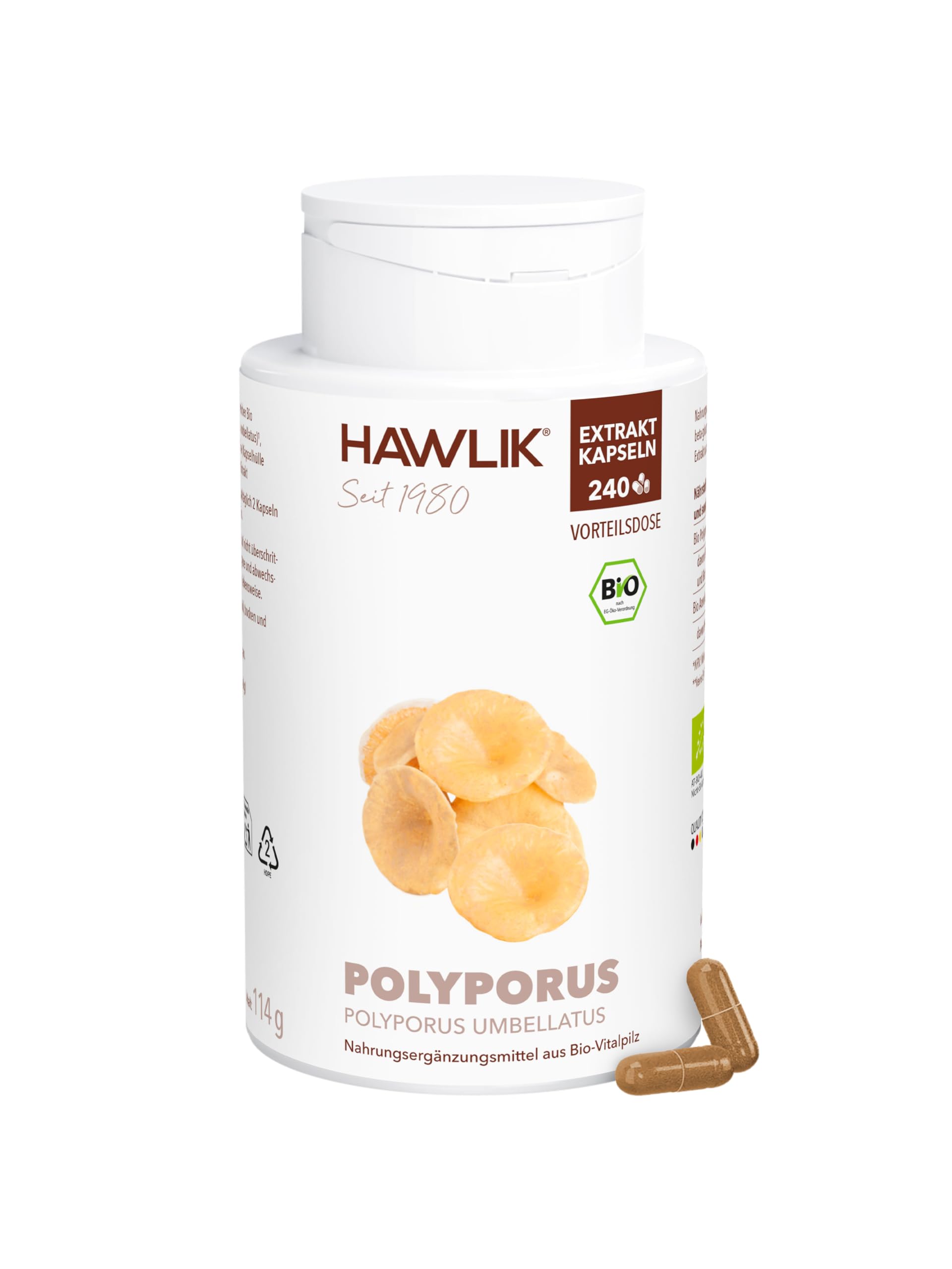HAWLIK Vitalpilze Polyporus Extrakt Kapseln - 240 Kapseln - Mit Vitamin C - Natürlicher Anbau - Vegan - Zuckerrohr-Dose