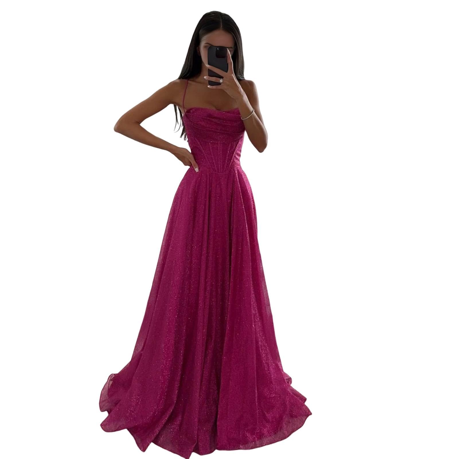 Abito da sposa, senza maniche, con spalline sottili, senza maniche, plissettato, linea ad A, lunghezza al pavimento, per feste di fine anno e matrimoni