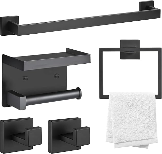 Warepro 5 Pieces Bathroom Hardware Set, Matte Black Bathroom Accessories Stainless Steel Wall Mount, Includes 23" Hand Towel Holder, Toilet Paper Holder, Towel Ring, 2 Robe Towel Hooks