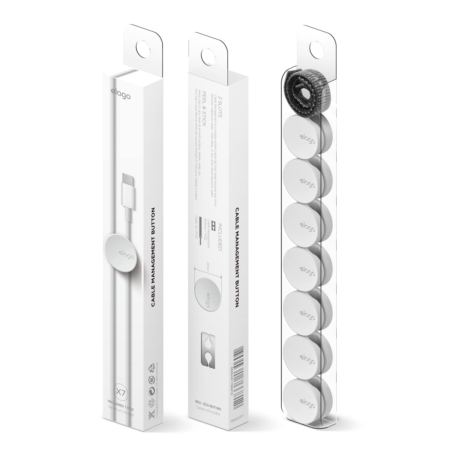 elago Cable Management Buttons - Desk Organizers, Desk Accessories, Cable Clips, Cord Organizer, Office, Home Office, 2 Cable Holding Slots, Flexible TPU, Cable Tie Included (7pcs) (White)