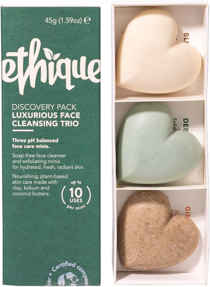 ethiqueFace Cleansers Discovery Set with Bliss Bar, Deep Green Cleanser Bars & Gingersnap Skin Scrub Bar (15gr/0.5oz, Pack of 3) Vegan, No Plastic