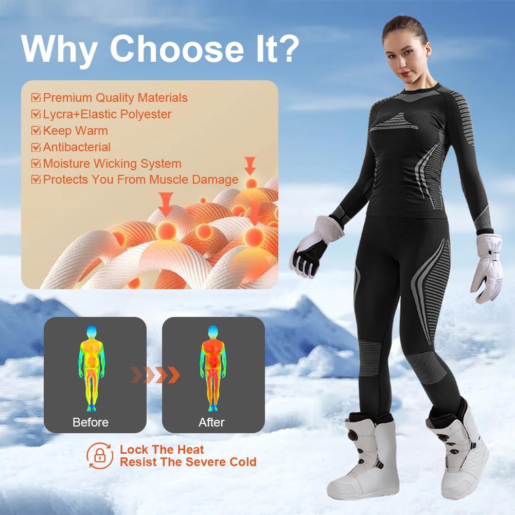 HOTUT Ropa Interior Térmica para Mujer, Conjunto de Ropa Interior Termica Mujer Invierno, Esquí Deportes Conjuntos Térmicos, Conjunto de Ropa Interior térmica Suave Invierno Otoño para Fitness-L