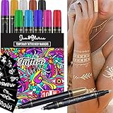 Jim&Gloria Body Art Tattoo Pen Dual Tip 10 Colors With GOLD & SILVER Skin Markers For Kids Adults, Cool Gift for Teenage Girl, Teen Girls Trendy Stuff 8 9 10 11 12 13 14 + Years Old Stocking Stuffers