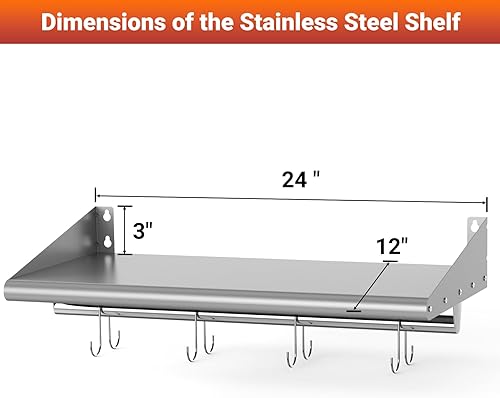 Miniatura 3 de Skyflame Estante de acero inoxidable de 12 x 24 pulgadas con 4 ganchos, estante de almacenamiento flotante montado en la pared para restaurante,