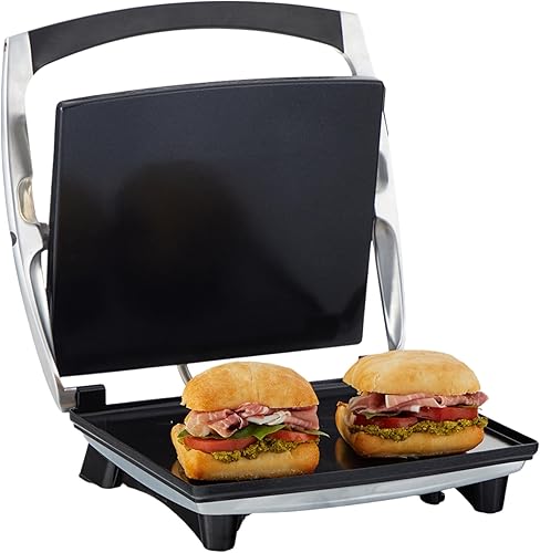 IMUSA - Prensa eléctrica Panini de acero inoxidable de 12 x 10 pulgadas con control de temperatura, placas antiadherentes para sándwiches, paninis a