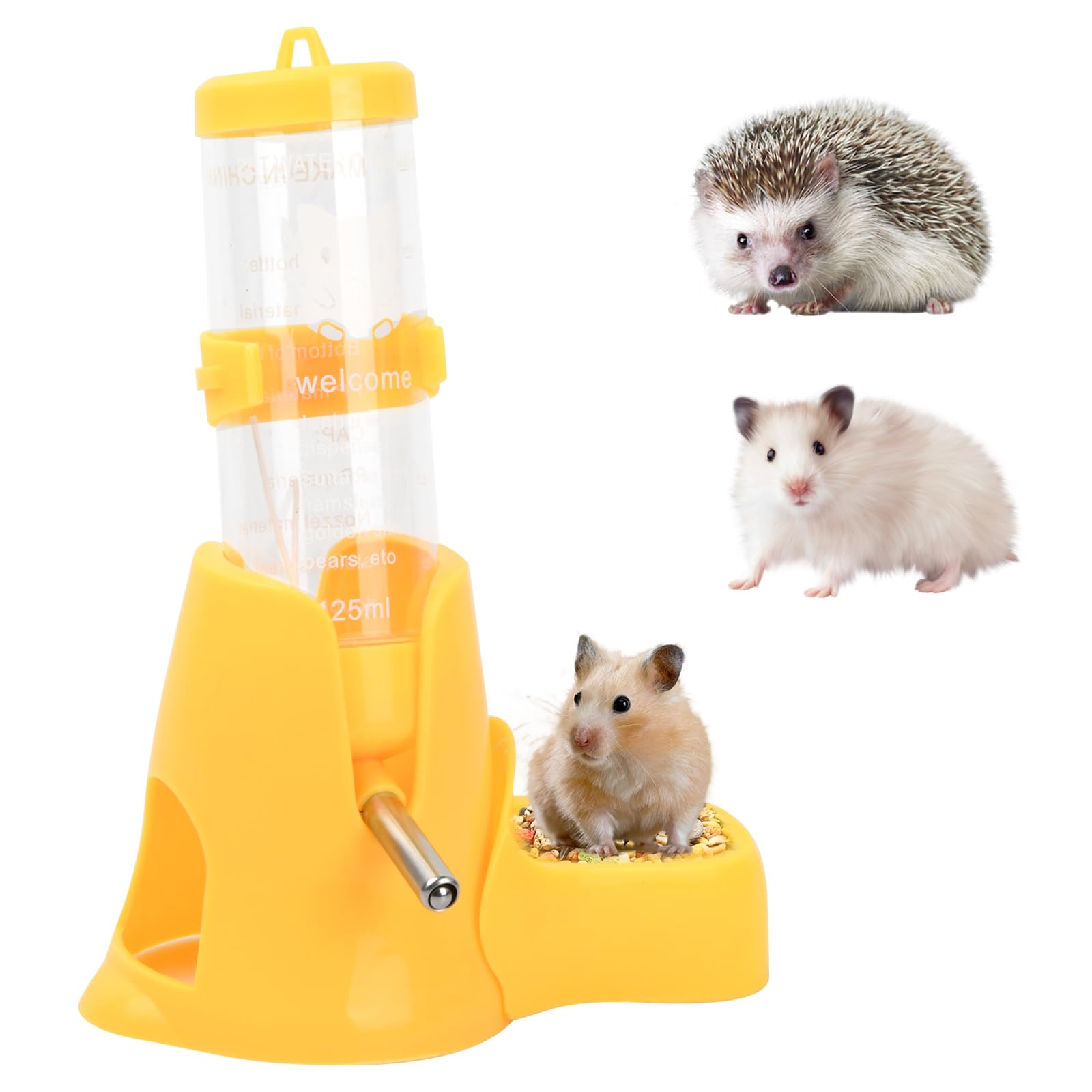 Wisebom Botella de agua para hámster, 125 ml, 3 en 1, para mascotas, para hámster, comedero automático, dispensador de agua para animales pequeños, sin goteo, para animales pequeños, color amarillo