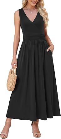 WEACZZY Womens Maxi Dress Sleeveless V Neck Sundress Cocktail Long Dresses with Pockets