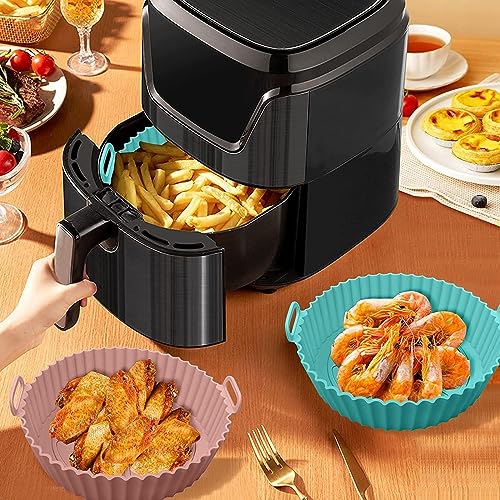 Image of 2 Pcs Air Fryer Liners I Round Silicone Basket Baking Tray I Reusable Baking Tray Pot with Ear Handles I Nonstick Reusable Heat Resistant I Cooking Oven Insert Accessories - Multicolor (8 inch)