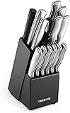 FARBERWARE 15-Piece Kitchen Knife Set with High-Carbon Stainless Steel Blades, Black Handles, Steak Knives, Wood Block, Razor Sharp and Ergonomic Black Set
