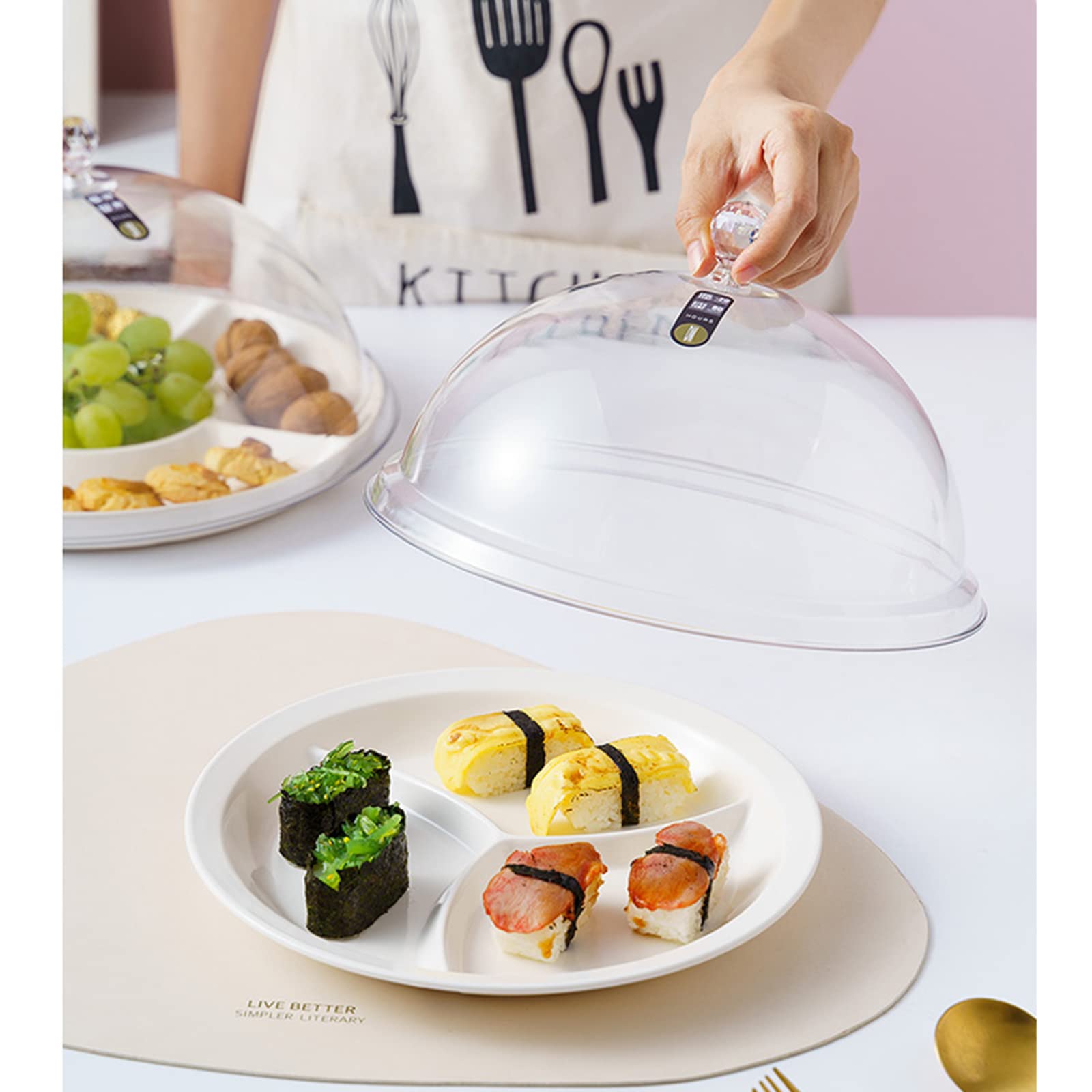 Copertura per Alimenti, Campana Coperchio Microonde,Vassoio per frutta con coperchio a cupola, vassoio separato in melamina bianca con coperchio in plastica trasparente, caramelle, biscotti,