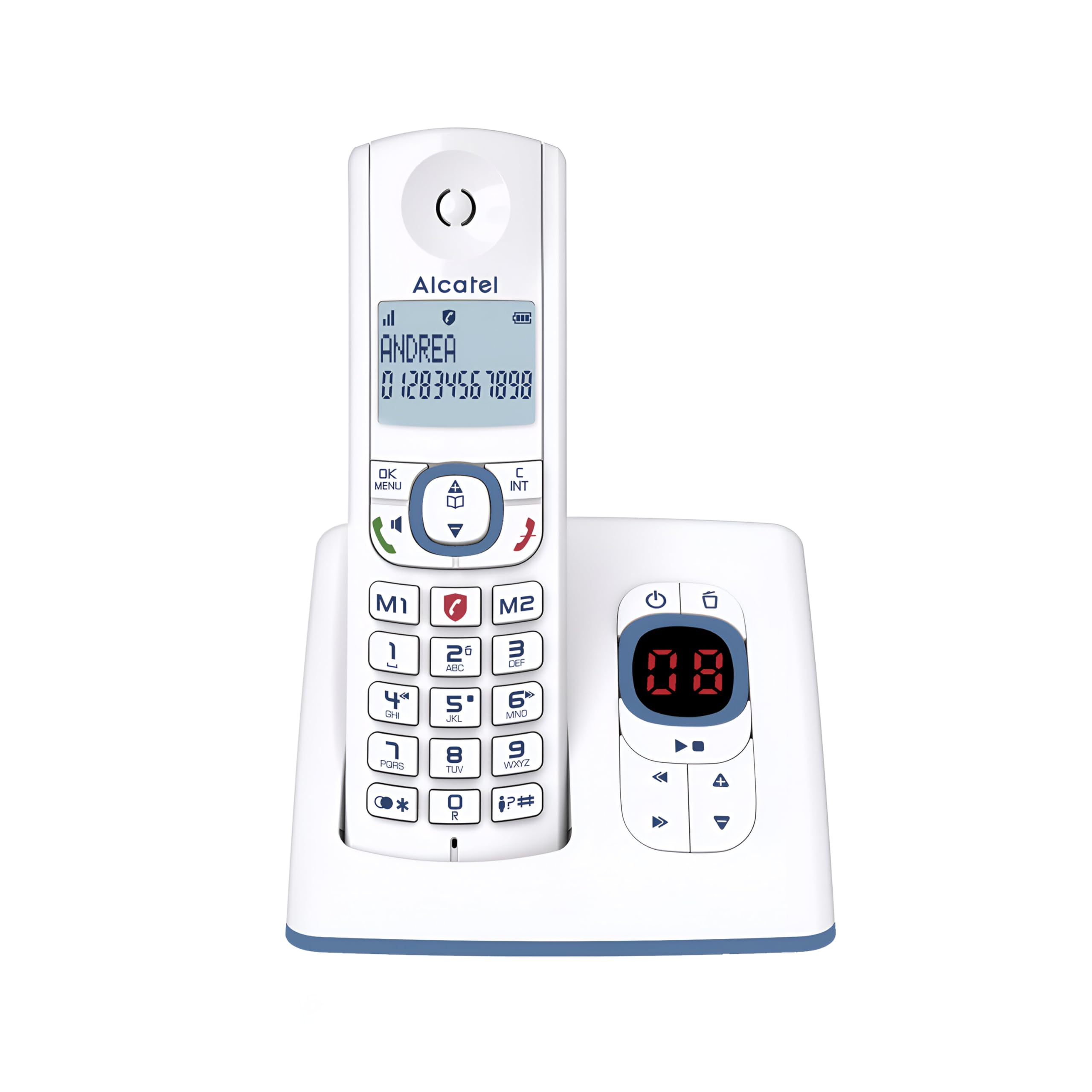 ALCATEL F530 Voice - Schnurloses Festnetztelefon DECT mit Anrufbeantworter - Großes beleuchtetes Display - Freisprechfunktion - Anrufblockierungsfunktion - 2 Direktwahltasten - Weiß/Blau
