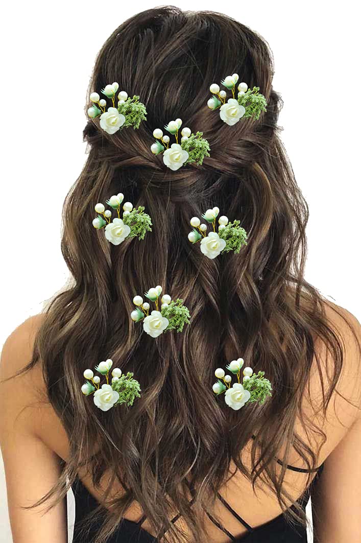 Ansh Artificial Plastic Rose Flower with Pearl & Leaf Design Hairpin/Hair Clip/Judabun | Bridal Hair Accessories, Wedding, Festival Wear for Women & Girls – 2231, Combo of 8