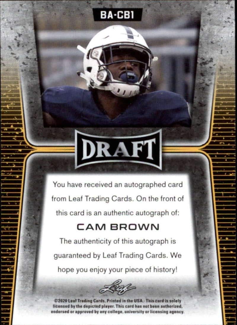 2020 Leaf Draft (NFL) Football Autograph Gold #BA-CB1 Cam Brown Auto Penn State Pre Rookie RC Official Player Licensed Trading Card (in NCAA Uniform)