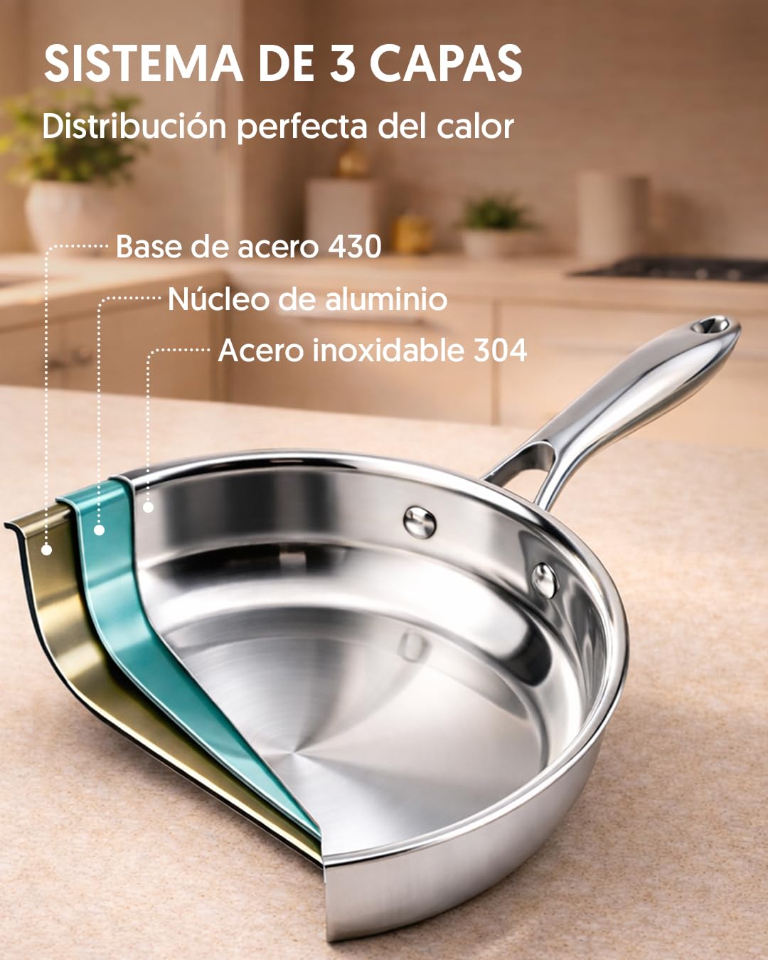La Moustache - Batería de Cocina de Acero Inoxidable 8 Piezas con Tapas de Vidrio (Ø16/20/24 cm) - Juego de Ollas y Sartenes para Inducción, Sin Recubrimientos, Apta Lavavajillas (Titan Inox) — view 5