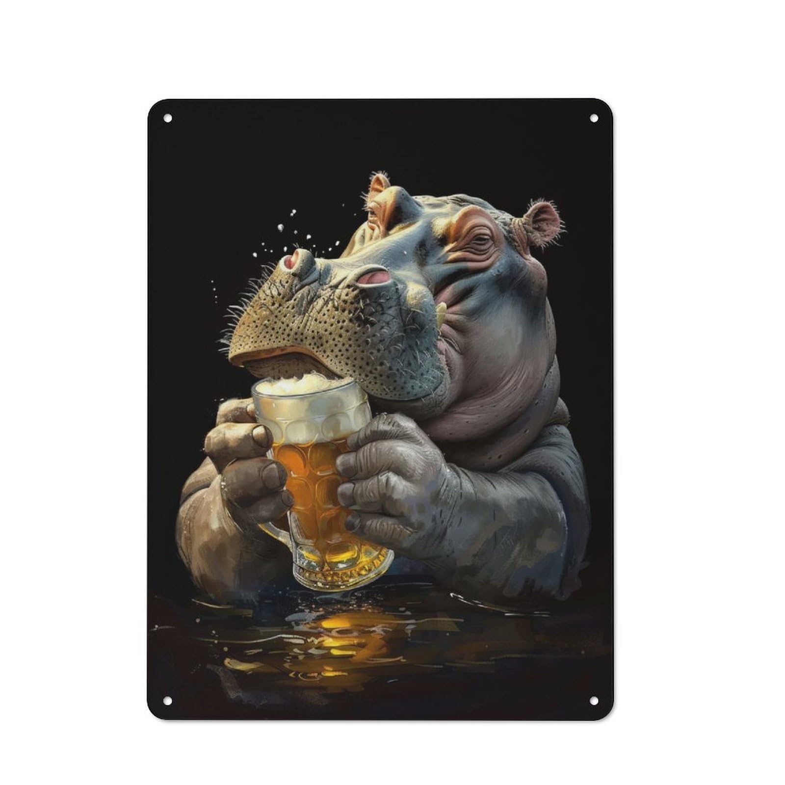 Junmoney Hippopotamus Beer Workshop Style Tin Sign 40X30cm, Industrial Wall Art For Garage, Hobby Room, Office Or Man Cave