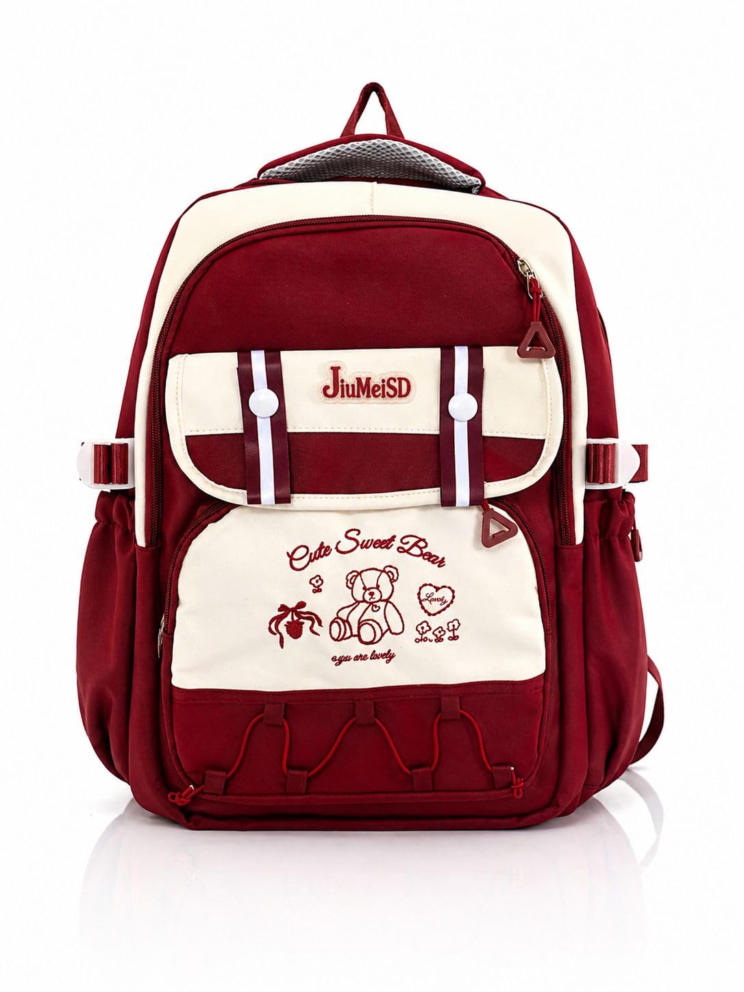 Korean Style Aesthetic Backpack for Women & College Girls Cute Bear Embroidery Bag Travel Laptop Imported Y2K Coquette Bag Red White-image-8