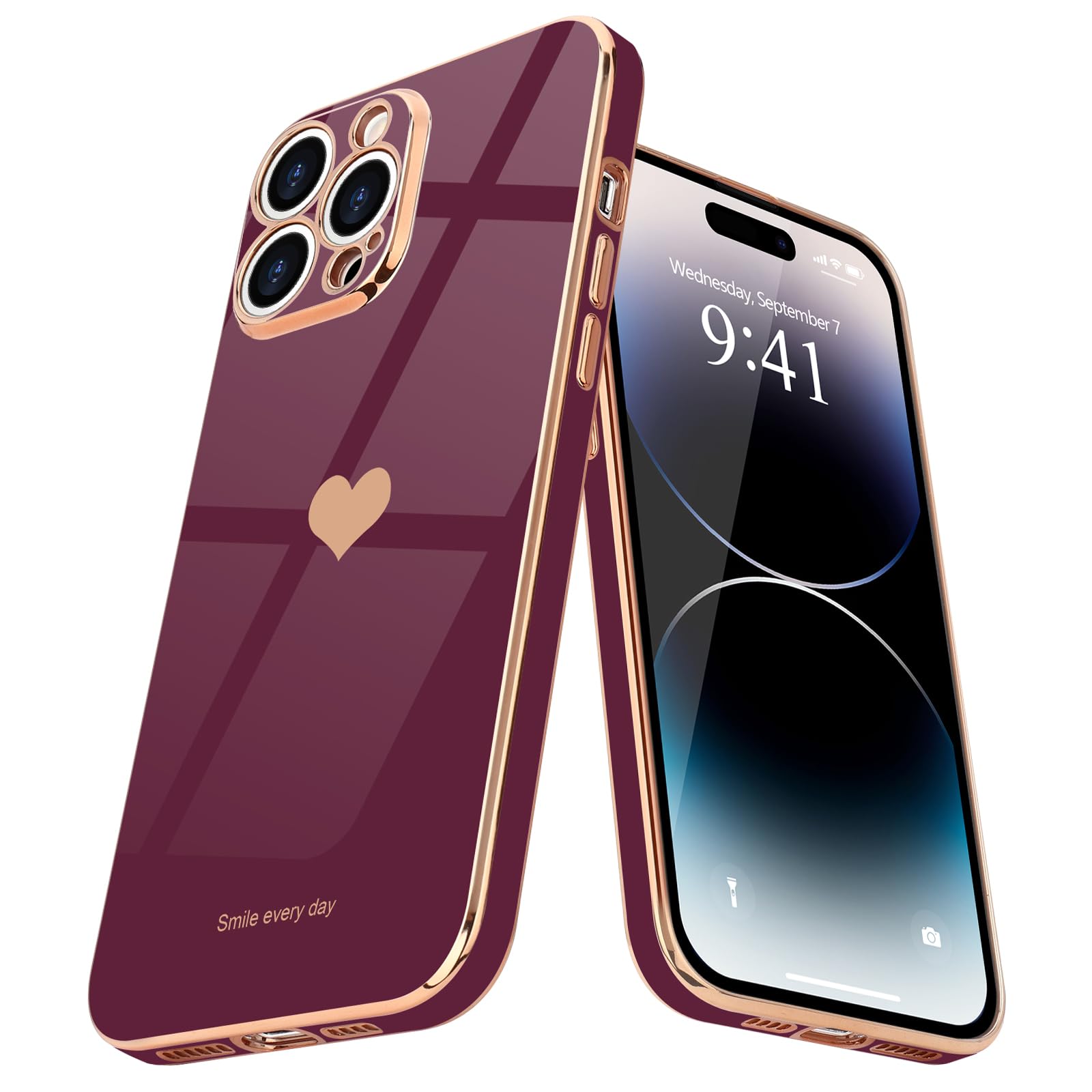 Teageo Compatible with iPhone 14 Pro Case for Girl Women Cute Love-Heart Luxury Bling Soft Back Cover Raised Camera Protection Bumper Silicone Shockproof Phone Case for iPhone 14 Pro, Wine red